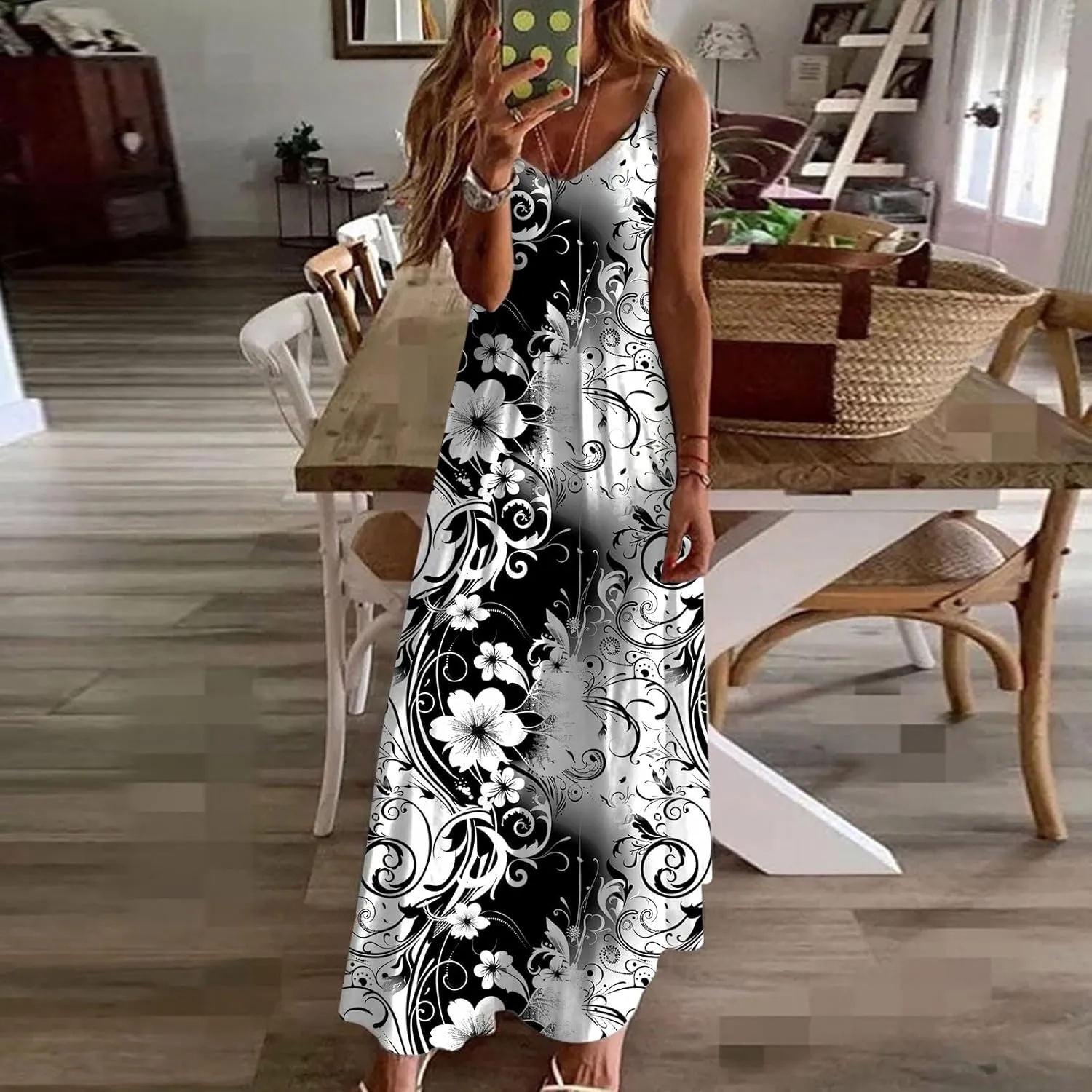 NaRHbrg Women's Floral Print Maxi Dress Sleeveless V Neck Boho Beach Sundress Flowy Casual Summer Long Dresses Sundress
