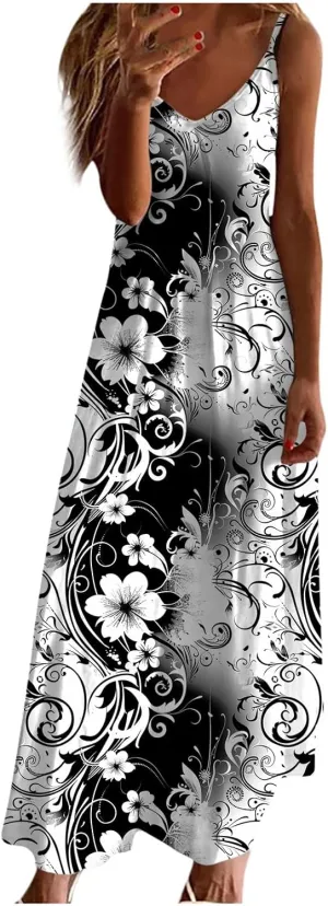 NaRHbrg Women's Floral Print Maxi Dress Sleeveless V Neck Boho Beach Sundress Flowy Casual Summer Long Dresses Sundress