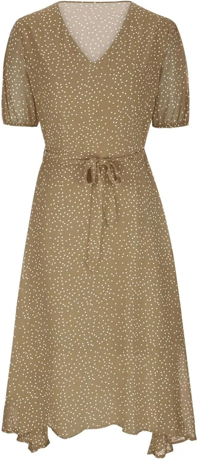 NaRHbrg Women's Polka Dot Midi Dress Short Sleeve V-Neck Elastic Waist Casual Flowy Summer Dresses Sundress