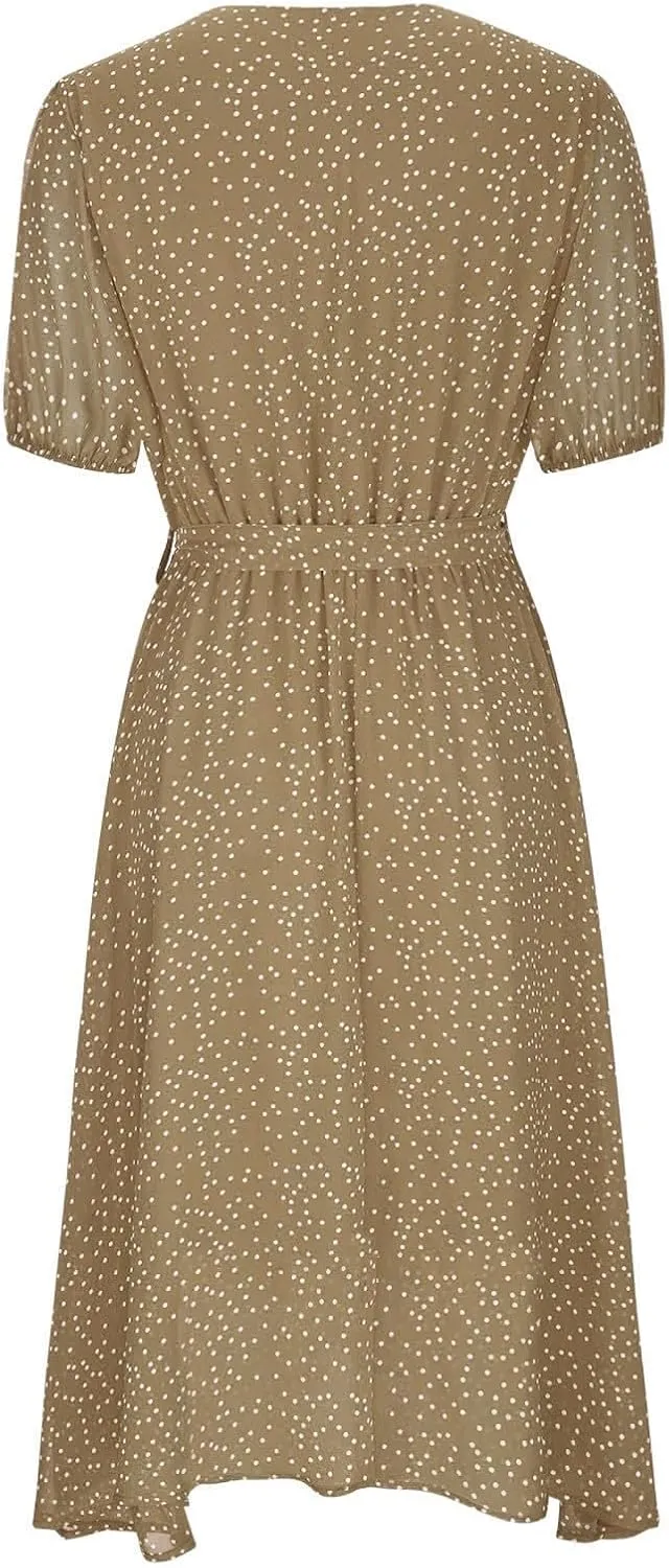 NaRHbrg Women's Polka Dot Midi Dress Short Sleeve V-Neck Elastic Waist Casual Flowy Summer Dresses Sundress