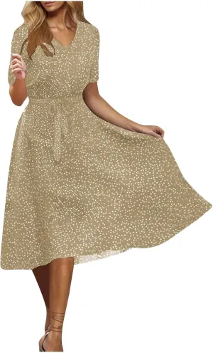 NaRHbrg Women's Polka Dot Midi Dress Short Sleeve V-Neck Elastic Waist Casual Flowy Summer Dresses Sundress