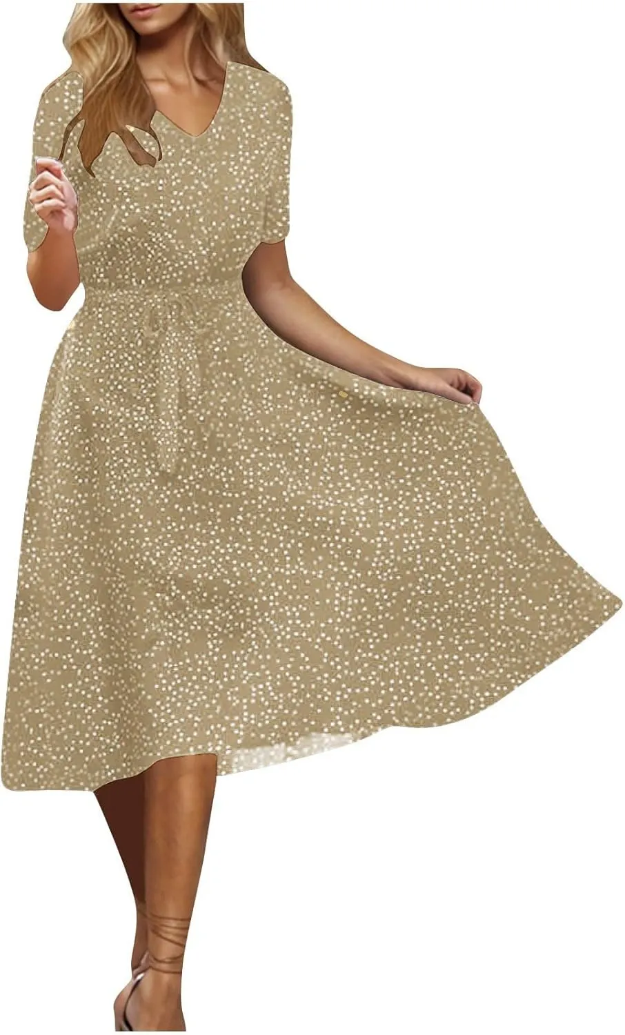 NaRHbrg Women's Polka Dot Midi Dress Short Sleeve V-Neck Elastic Waist Casual Flowy Summer Dresses Sundress