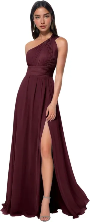 One Shoulder Bridesmaid Dresses Long Prom Dress with Slit Ruched Chiffon Evening Party Dress with Pockets