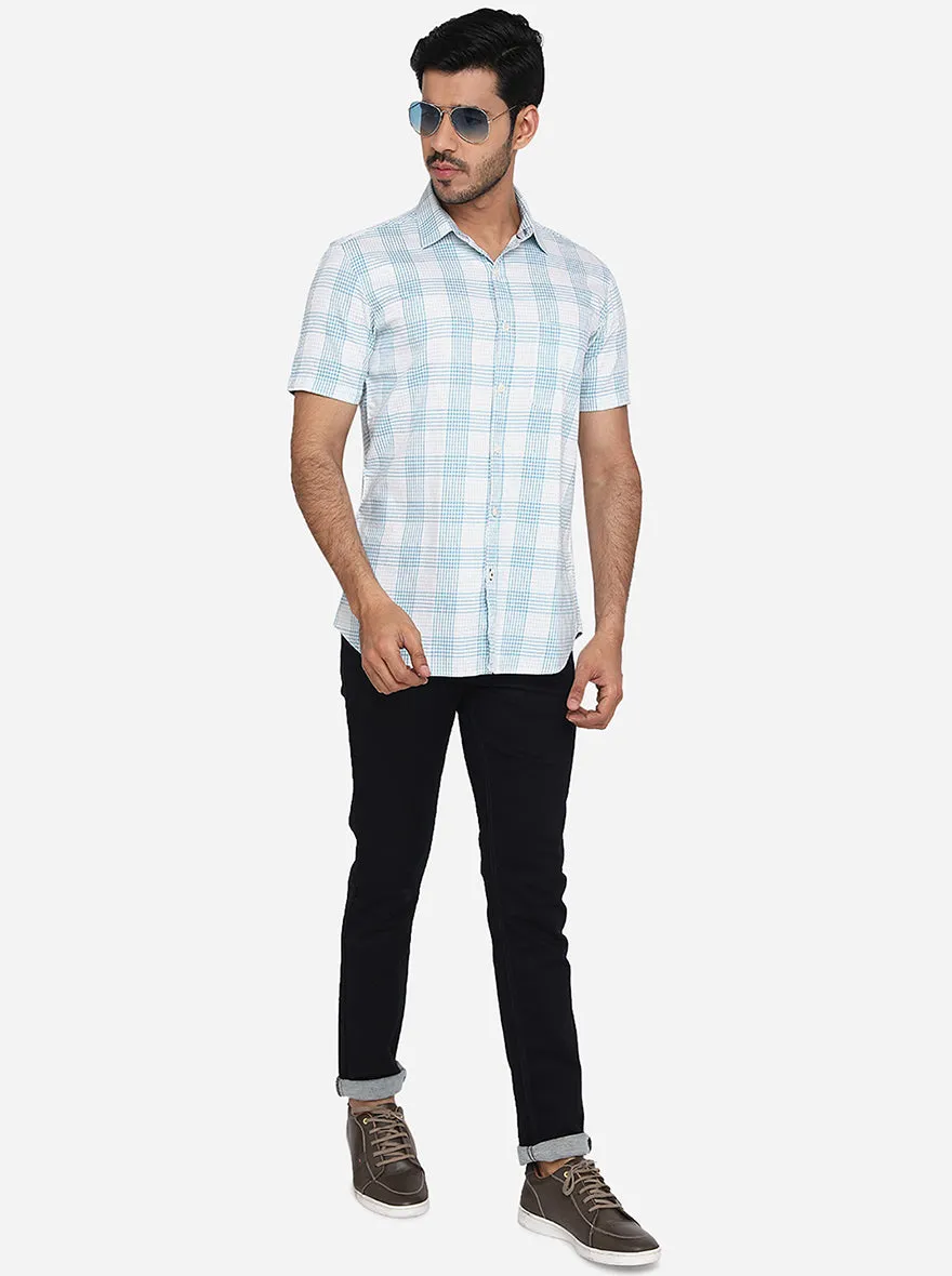 Opal Blue Checked Slim Fit Casual Shirt | JadeBlue