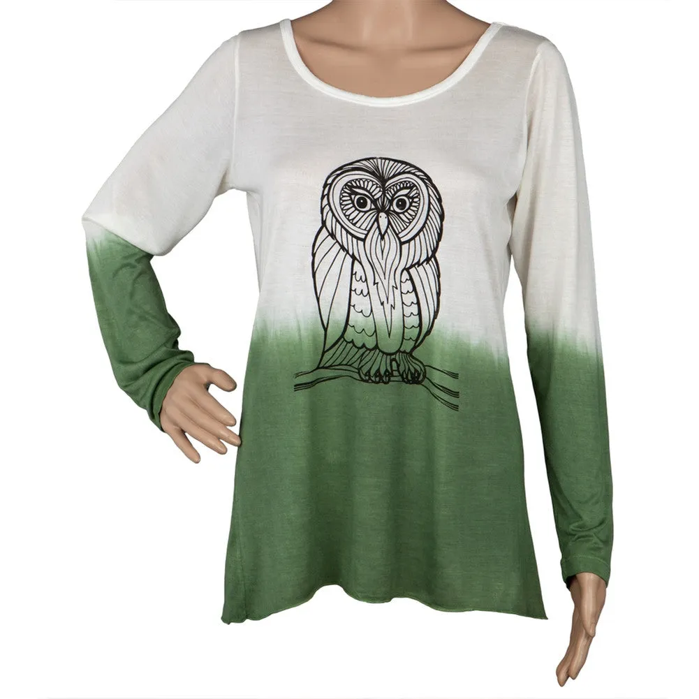 Owl Profile Light Green Tie-Dye Juniors Long Sleeve T-Shirt