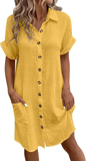 Palaver Summer Dresses for Women 2025 Casual Button Down Short Sleeve Tshirt Dress Boho Vacation Midi Dresses with Pockets