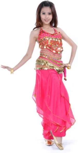 Pilot-trade Lady's Belly Dance Costume Set Top Tribal Gold Wavy Harem Pants Hip Scarf Gold Coins Dark Pink