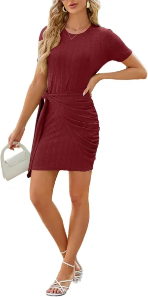 Pleated Midi Skirt Dress Women's Round Neck Short Sleeve Knee-Length Office Dress