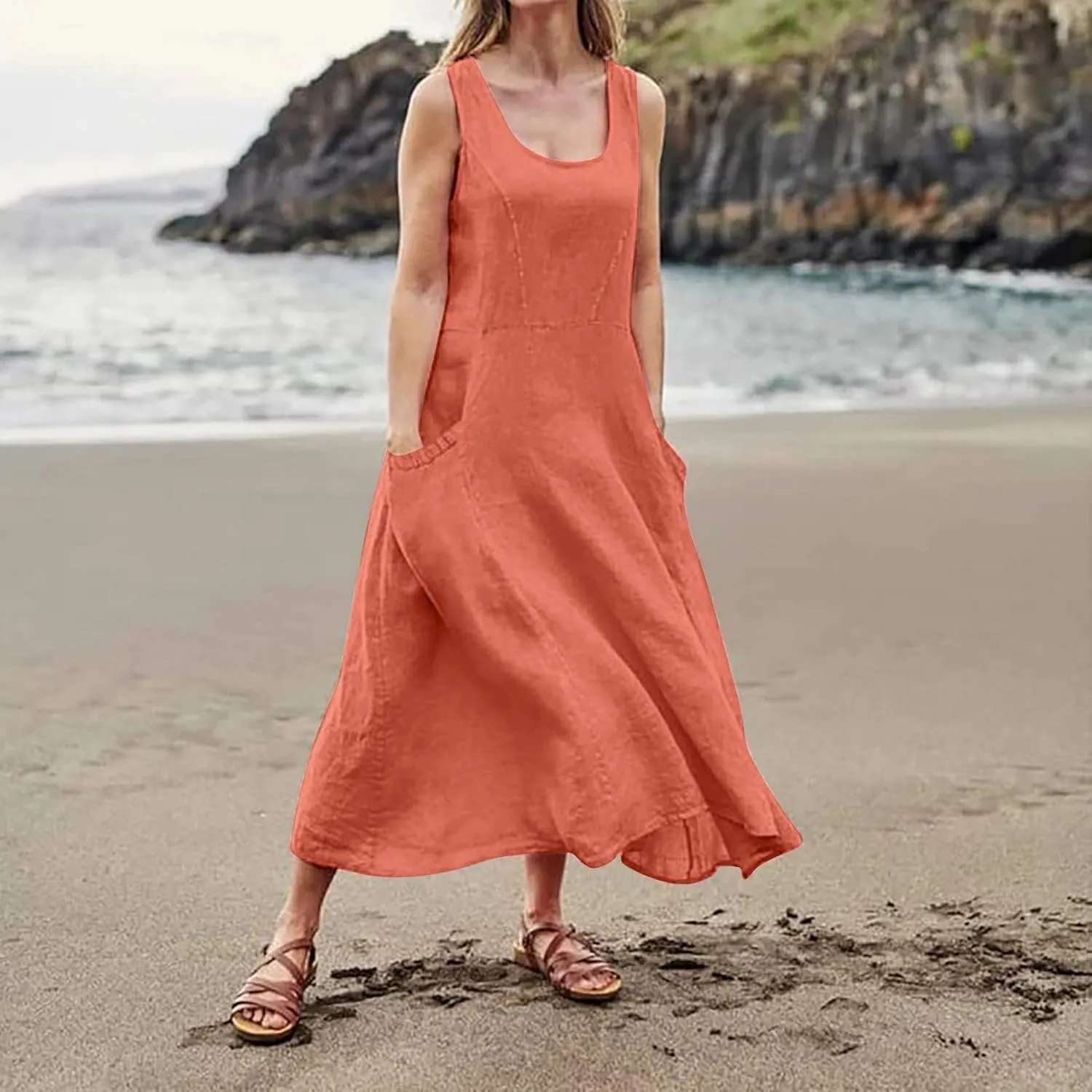 Plus Size Cotton Linen Maxi Summer Dresses for Curvy Women 2025 Sleeveless Vacation Beach Sundresses with Pockets