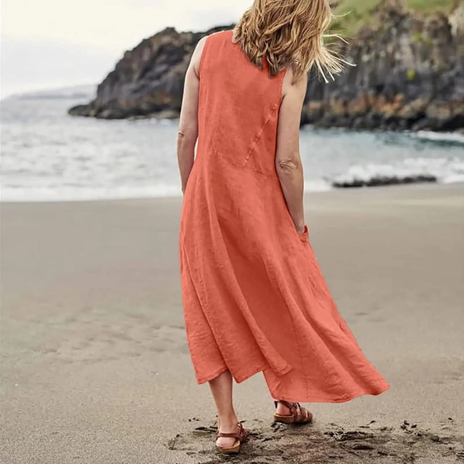 Plus Size Cotton Linen Maxi Summer Dresses for Curvy Women 2025 Sleeveless Vacation Beach Sundresses with Pockets