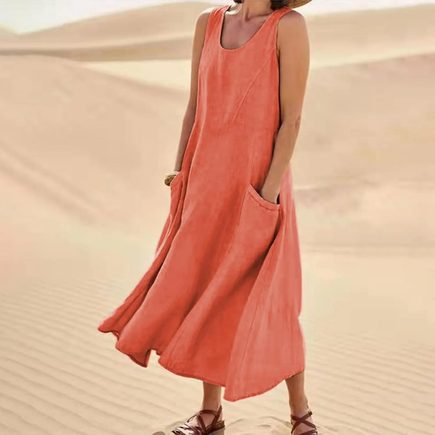 Plus Size Cotton Linen Maxi Summer Dresses for Curvy Women 2025 Sleeveless Vacation Beach Sundresses with Pockets