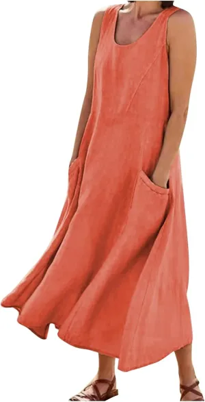 Plus Size Cotton Linen Maxi Summer Dresses for Curvy Women 2025 Sleeveless Vacation Beach Sundresses with Pockets