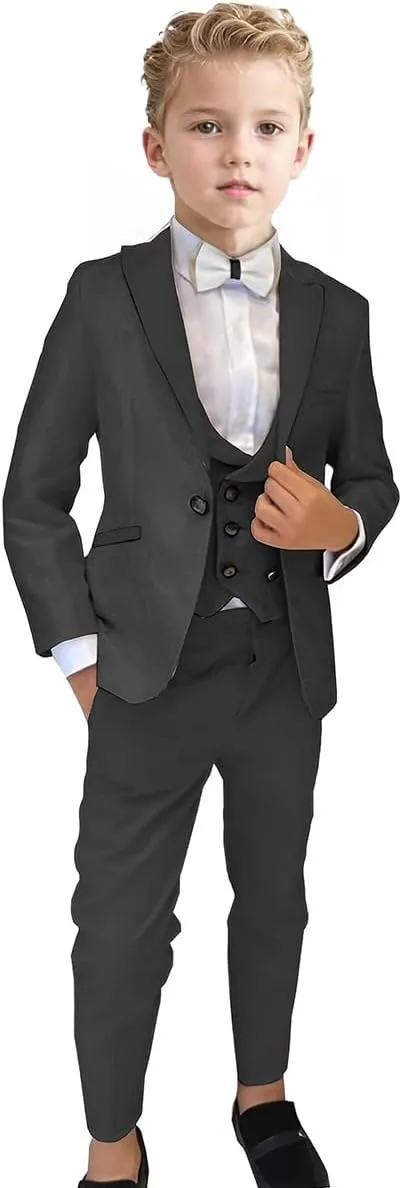 ProPoFol Boys Tuxedo Suit 3 Piece Jacquard Slim Fit Suits for Kids Peak Lapel Formal for Wedding Jacket Vest Pants