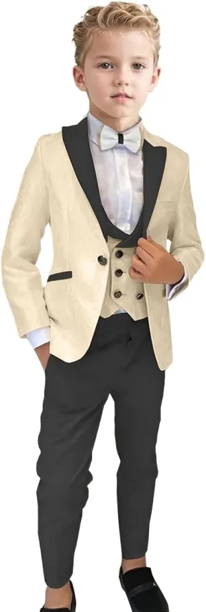 ProPoFol Boys Tuxedo Suit 3 Piece Jacquard Slim Fit Suits for Kids Peak Lapel Formal for Wedding Jacket Vest Pants