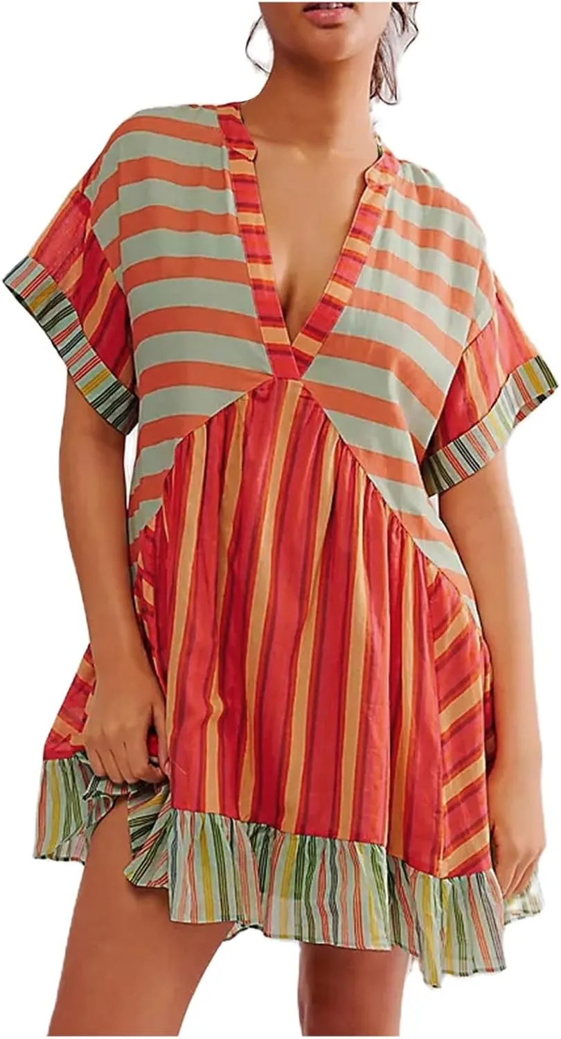 PTOLOCIF Boho Dresses for Women Summer Y2k Babydoll Flowy Dress Ruffle Mini Dress Deep V-Neck Casual Short Dress Sundress