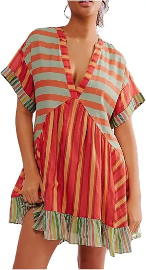 PTOLOCIF Boho Dresses for Women Summer Y2k Babydoll Flowy Dress Ruffle Mini Dress Deep V-Neck Casual Short Dress Sundress