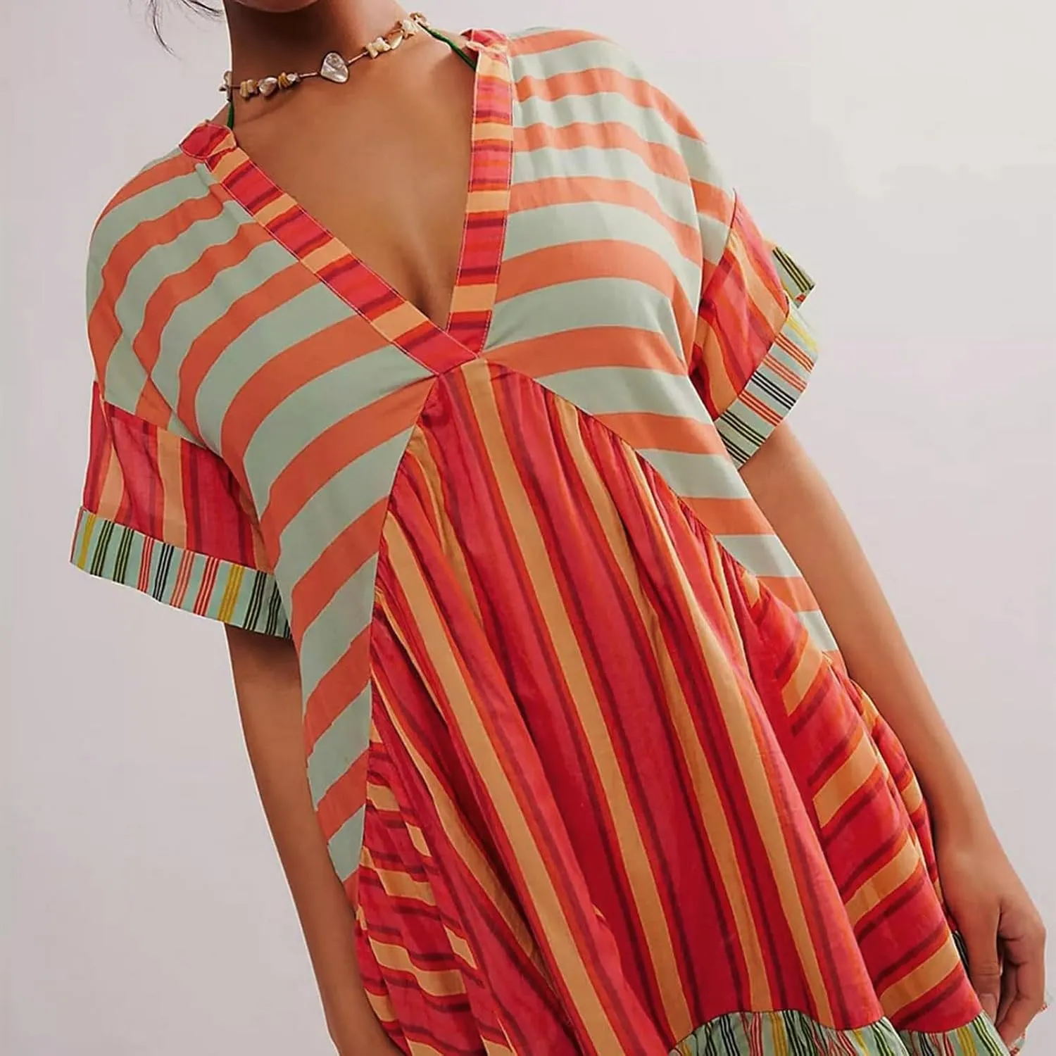 PTOLOCIF Boho Dresses for Women Summer Y2k Babydoll Flowy Dress Ruffle Mini Dress Deep V-Neck Casual Short Dress Sundress