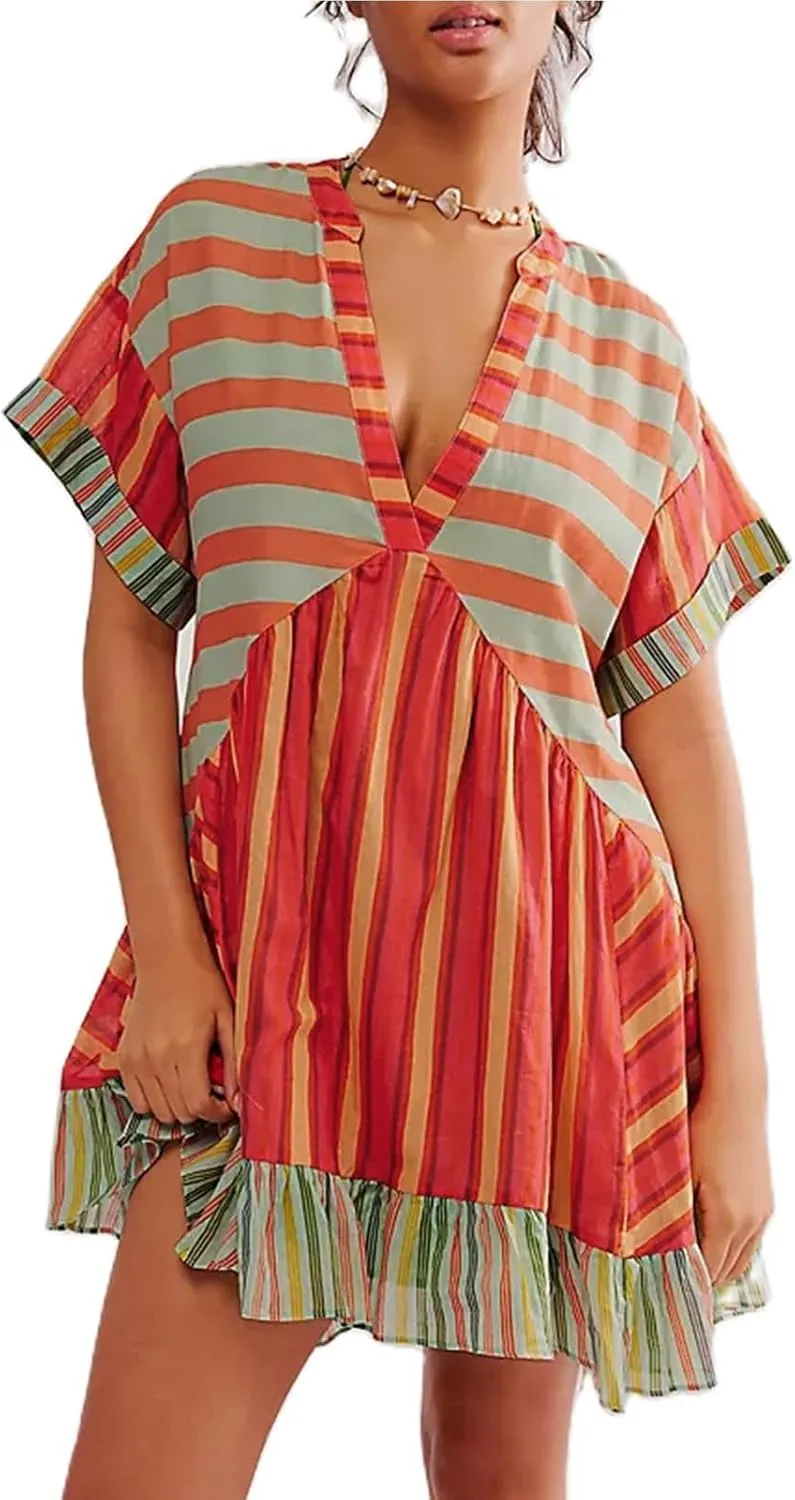 PTOLOCIF Boho Dresses for Women Summer Y2k Babydoll Flowy Dress Ruffle Mini Dress Deep V-Neck Casual Short Dress Sundress