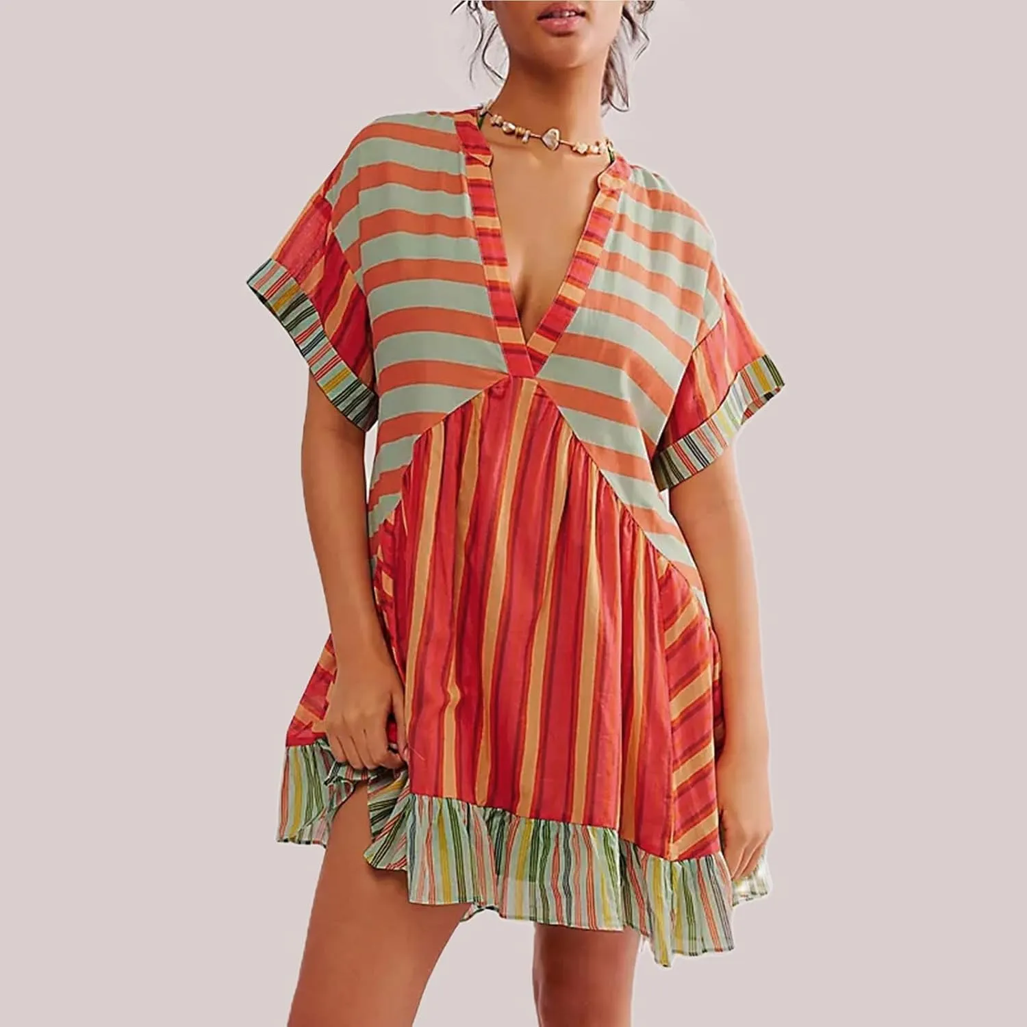 PTOLOCIF Boho Dresses for Women Summer Y2k Babydoll Flowy Dress Ruffle Mini Dress Deep V-Neck Casual Short Dress Sundress