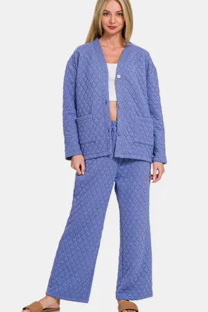 Quilted Button Up Long Sleeve Top and Pants Lounge Set in Blue Purple