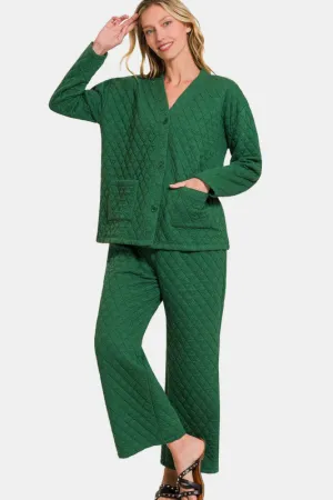 Quilted Button Up Long Sleeve Top and Pants Lounge Set in Dark Green