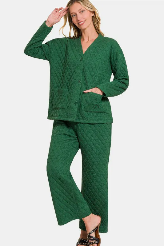 Quilted Button Up Long Sleeve Top and Pants Lounge Set in Dark Green
