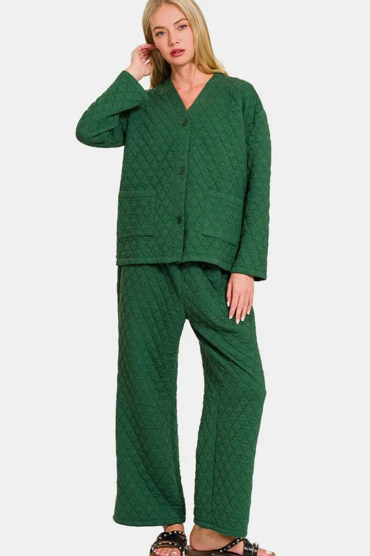 Quilted Button Up Long Sleeve Top and Pants Lounge Set in Dark Green