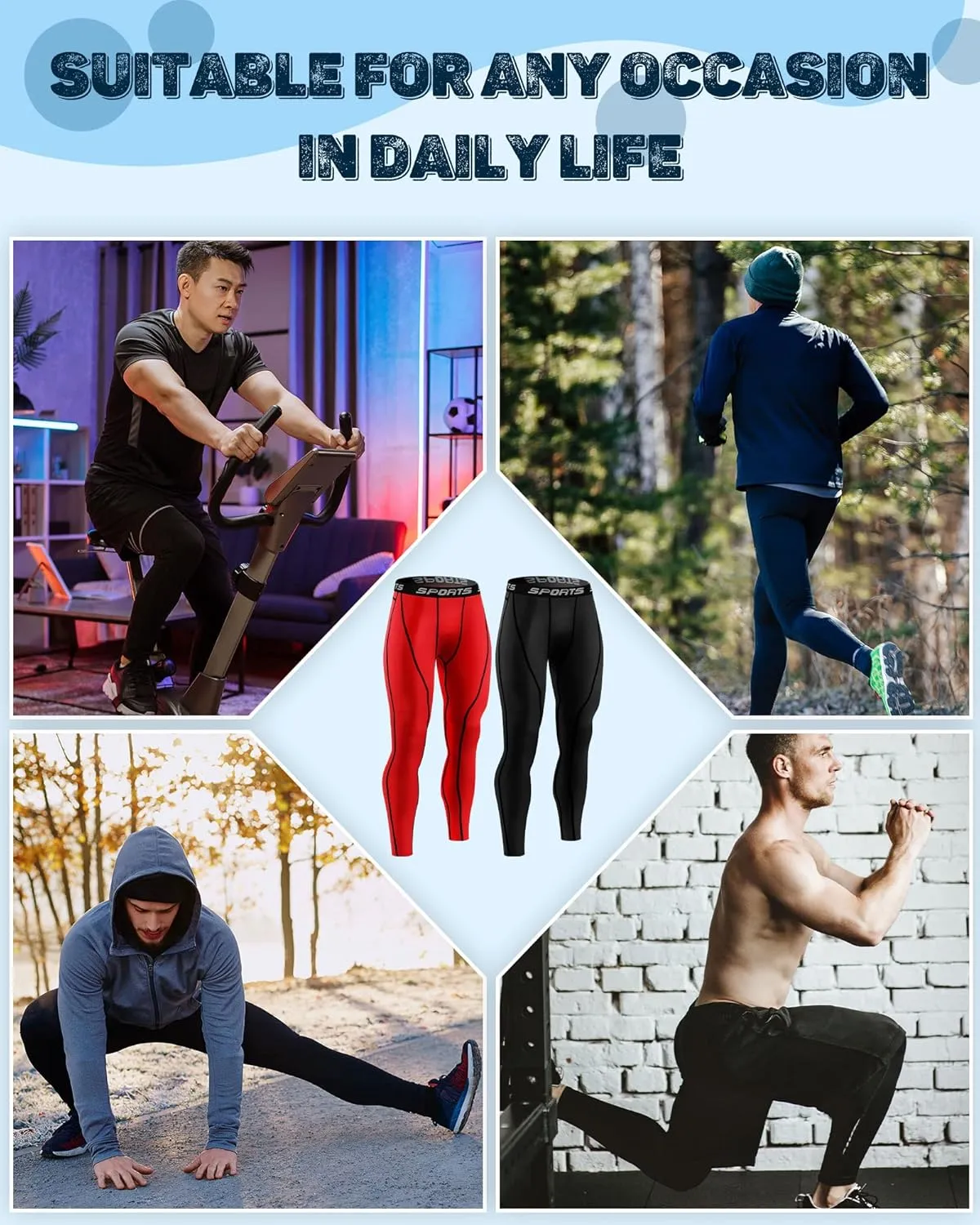 Riyiper 6 Pcs Men's Compression Pants Athletic Workout Running Tights Rapid Dry Sport Leggings Base Layer Bottom for Yoga Gym