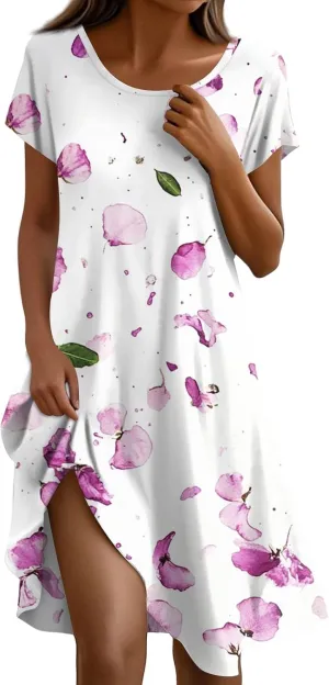 Short Sleeve Boho Mini Dress for Women Casual Loose Fit Summer Sundress Floral Print Shift Dress with Pockets 2025