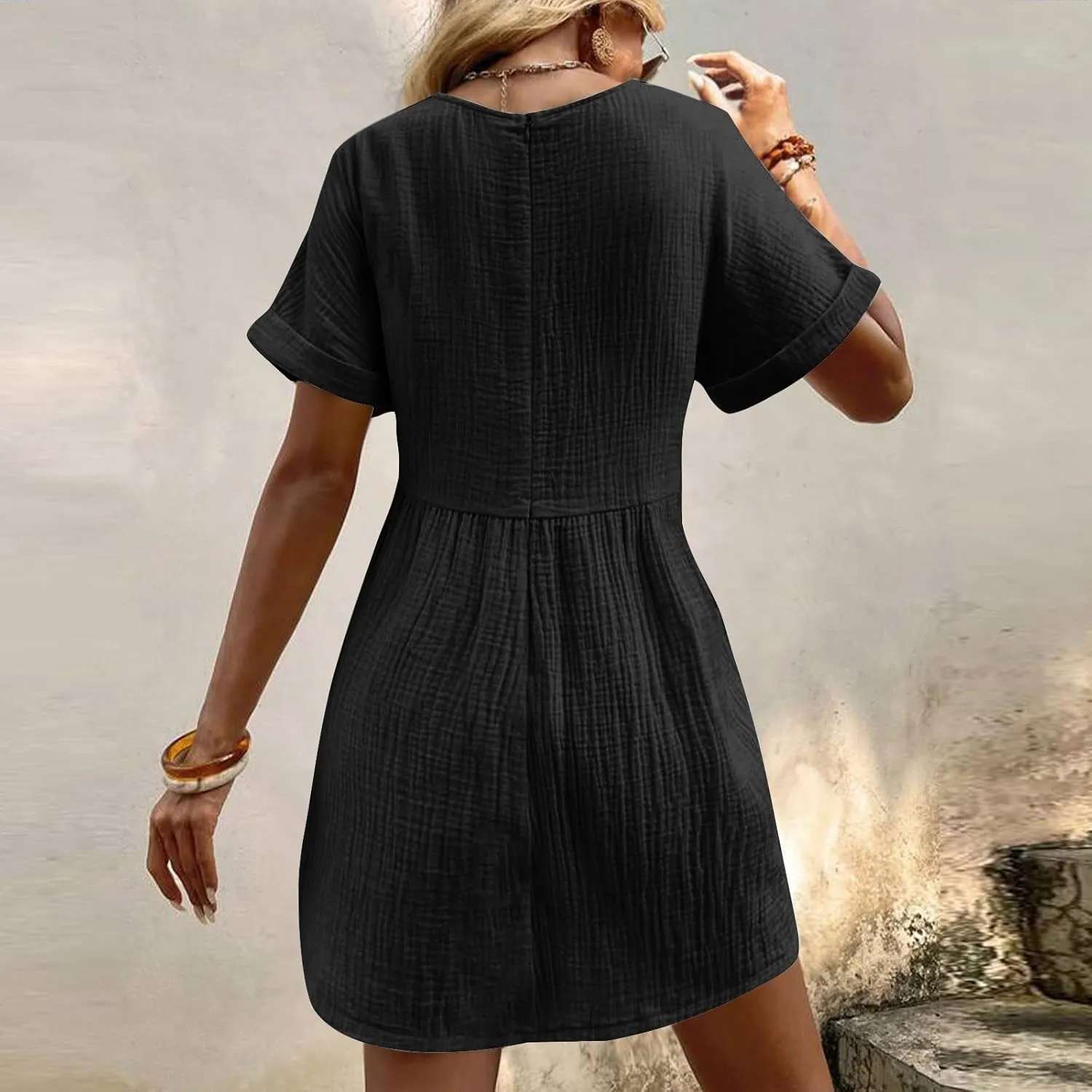 Summer Dress for Women 2024 Trendy Casual V-Neck Short Sleeve Solid Sundress Loose Flowy Beach Dress with Pockets