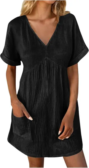 Summer Dress for Women 2024 Trendy Casual V-Neck Short Sleeve Solid Sundress Loose Flowy Beach Dress with Pockets
