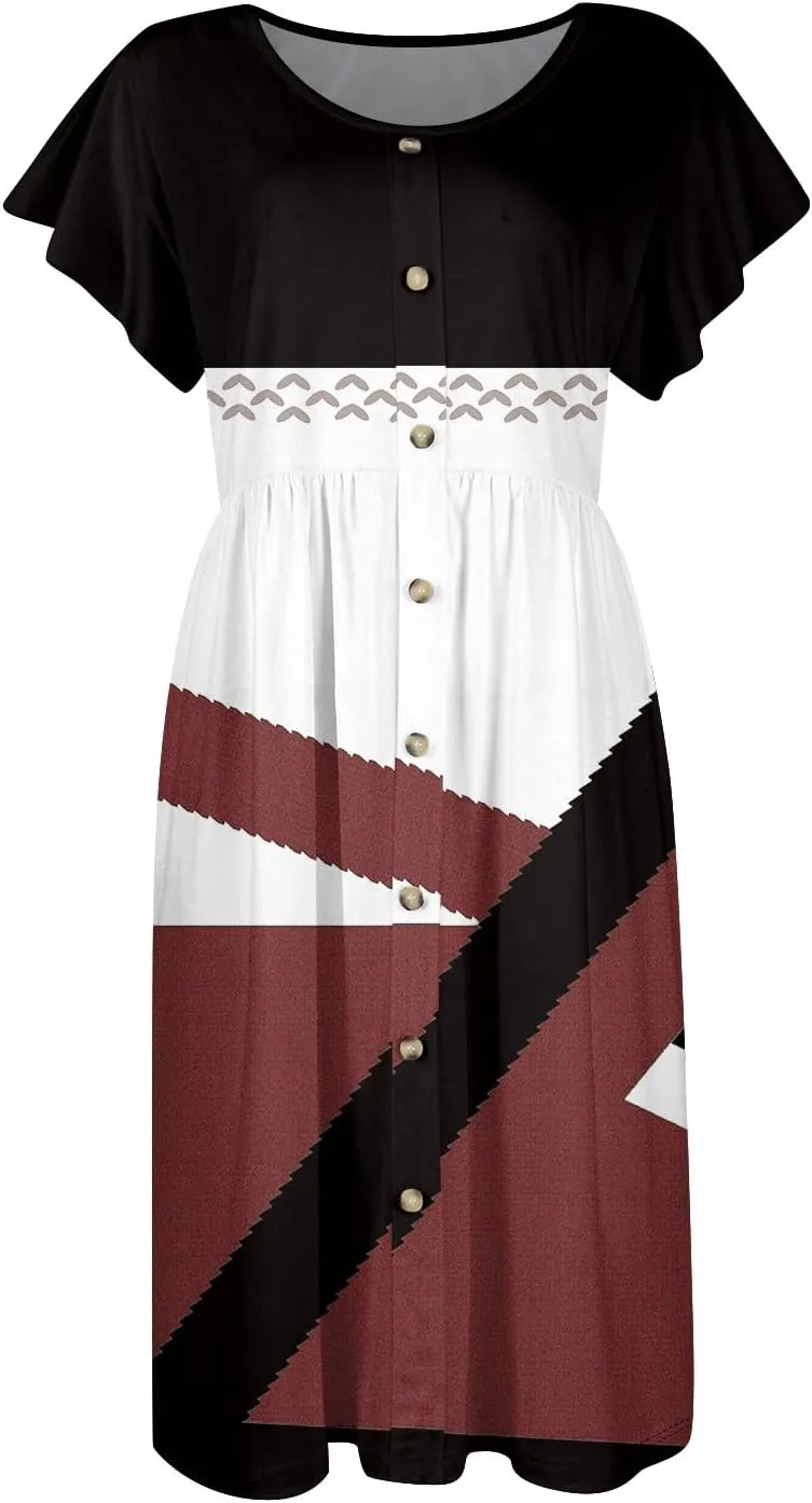 Summer Dresses for Women 2024 Round Neck Summer Fly Sleeve Casual Printed Loose Button Pocket Midi Dresses