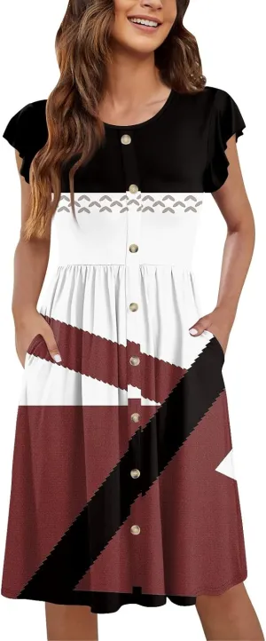 Summer Dresses for Women 2024 Round Neck Summer Fly Sleeve Casual Printed Loose Button Pocket Midi Dresses
