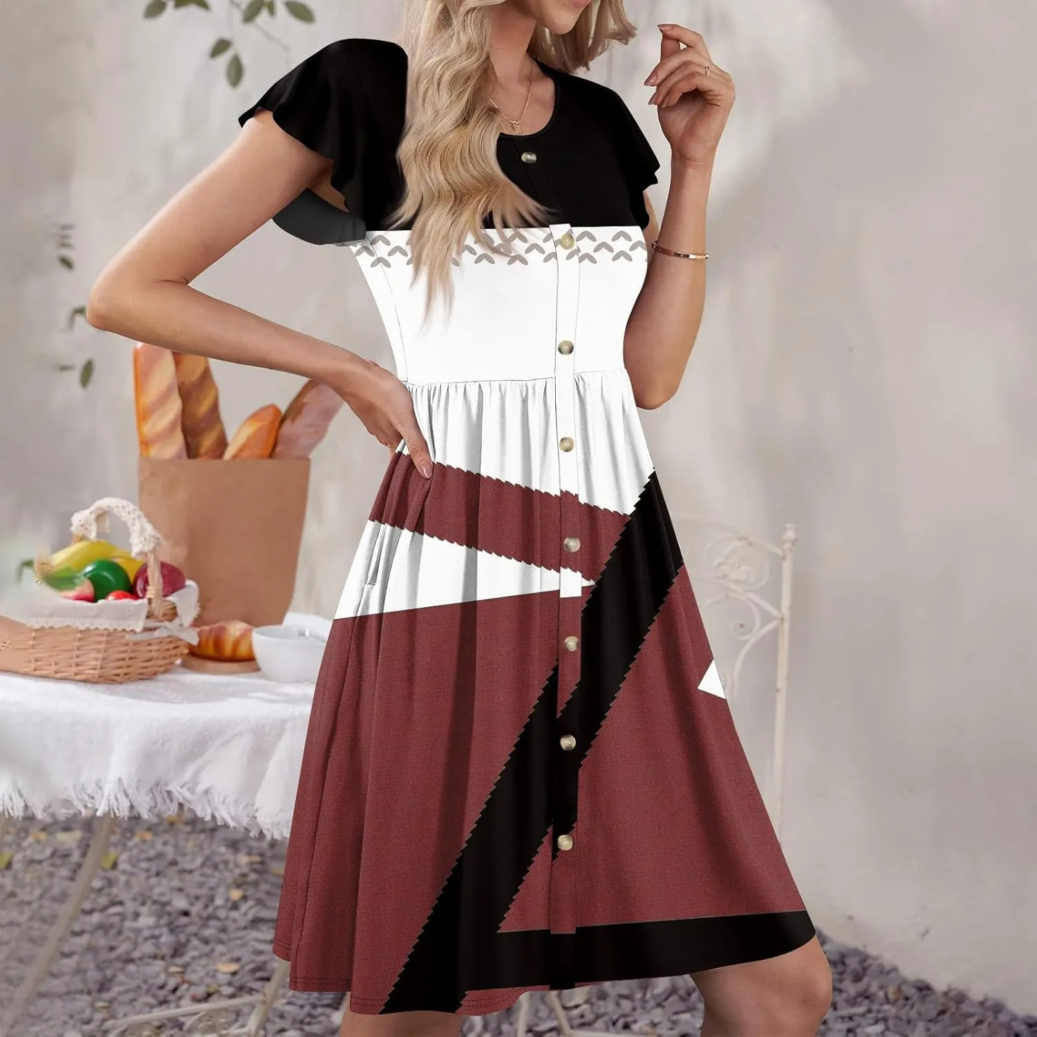 Summer Dresses for Women 2024 Round Neck Summer Fly Sleeve Casual Printed Loose Button Pocket Midi Dresses