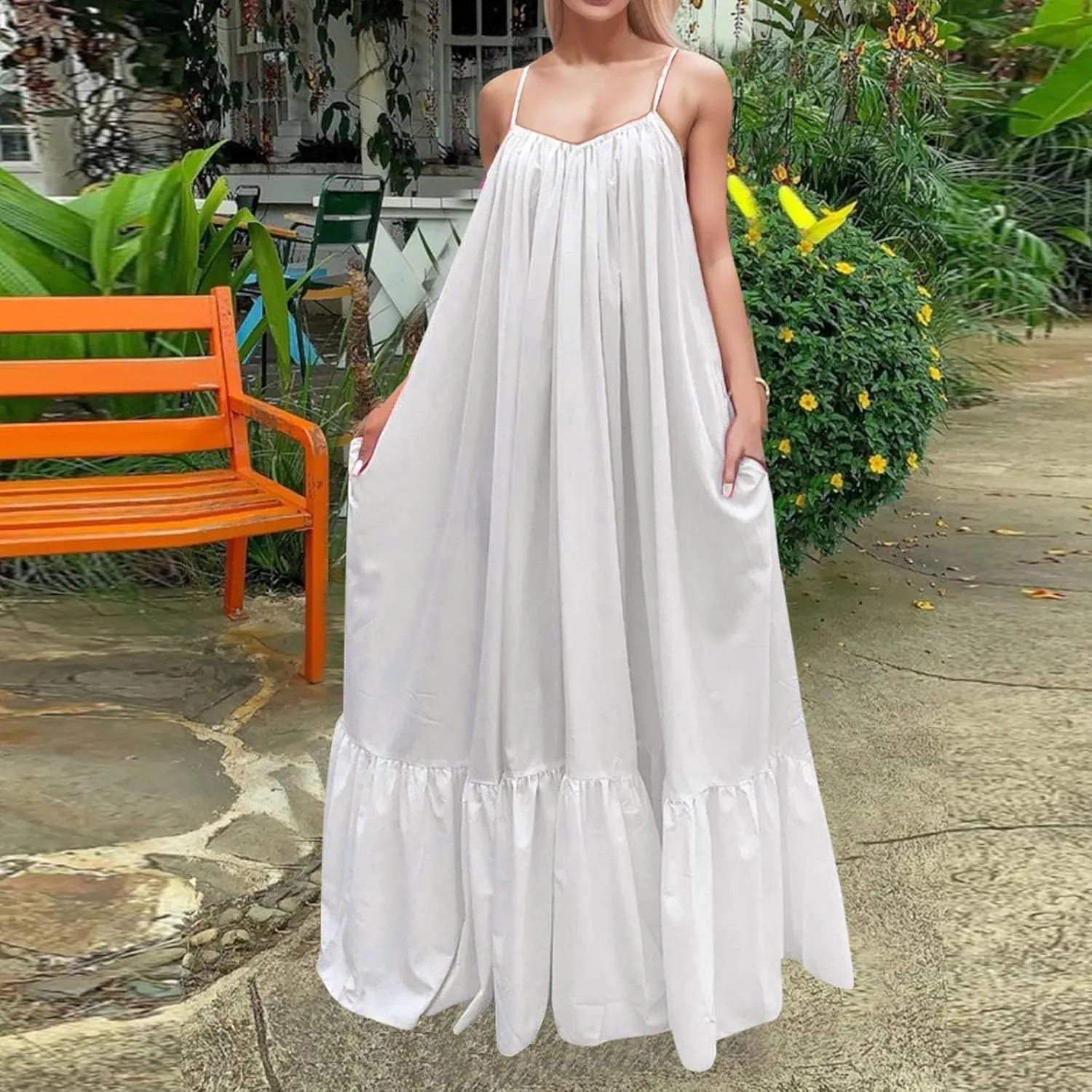 Summer Dresses for Women 2025 Casual Spring Spaghetti Straps Backless Sleeveless Boho Sundresses Beach Vacation Maxi Dress