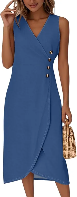 Summer Dresses for Women 2025 Casual V Neck Sleeveless Midi Dress Flowy Irregular Hem Boho Tank Dress