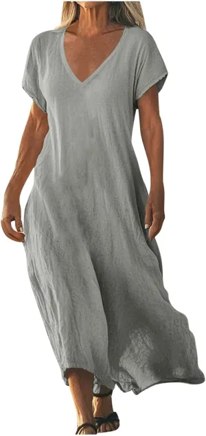 Summer Dresses for Women 2025 Linen V Neck Dress Casual Short Sleeve Dresses Flowy Beach Maxi Dress