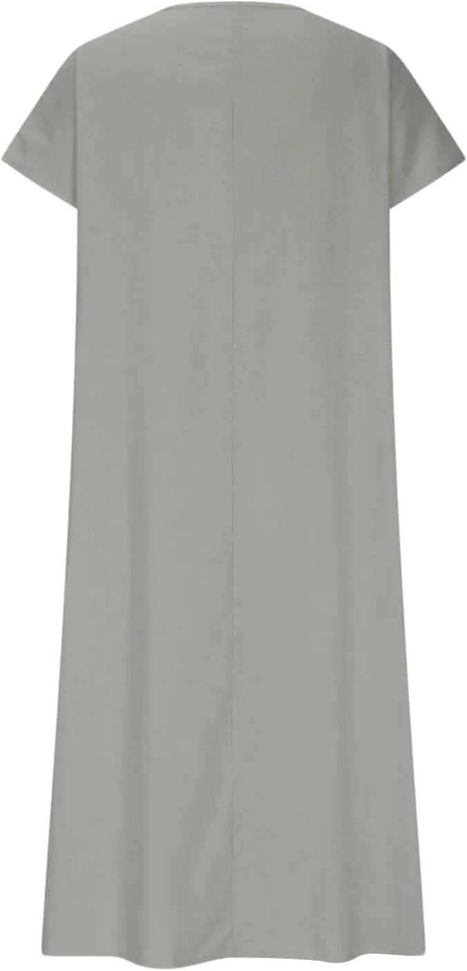 Summer Dresses for Women 2025 Linen V Neck Dress Casual Short Sleeve Dresses Flowy Beach Maxi Dress