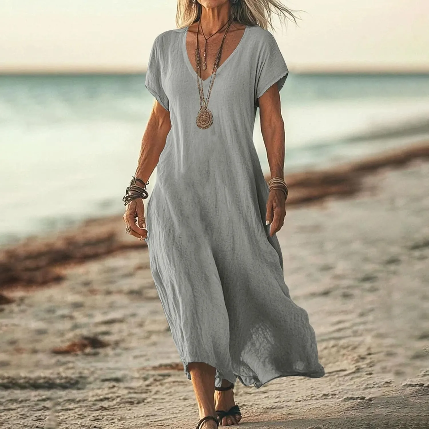 Summer Dresses for Women 2025 Linen V Neck Dress Casual Short Sleeve Dresses Flowy Beach Maxi Dress