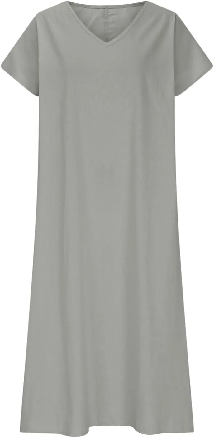 Summer Dresses for Women 2025 Linen V Neck Dress Casual Short Sleeve Dresses Flowy Beach Maxi Dress