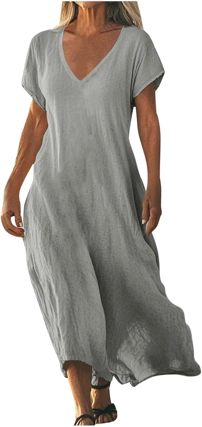 Summer Dresses for Women 2025 Linen V Neck Dress Casual Short Sleeve Dresses Flowy Beach Maxi Dress