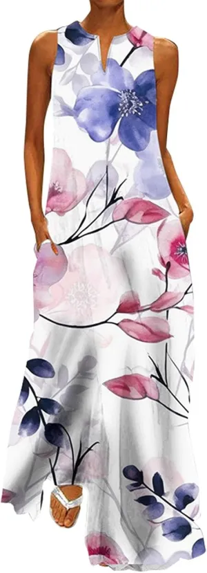 Summer Dresses for Women 2025,Women's Casual Beach Sundresses V-Neck Sleeveless Dresses Maxi Floral Printed Tank Dress