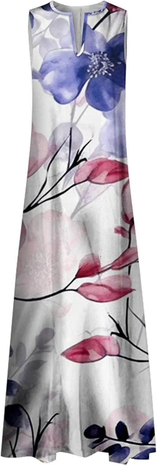 Summer Dresses for Women 2025,Women's Casual Beach Sundresses V-Neck Sleeveless Dresses Maxi Floral Printed Tank Dress