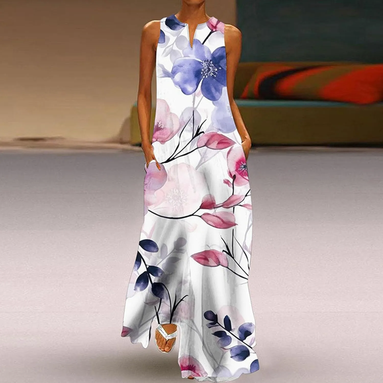 Summer Dresses for Women 2025,Women's Casual Beach Sundresses V-Neck Sleeveless Dresses Maxi Floral Printed Tank Dress