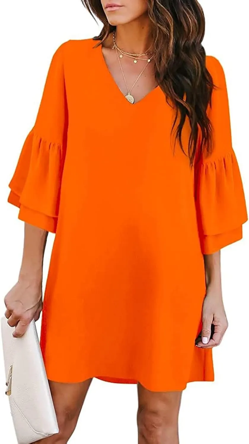 Summer Dresses for Women Sweet & Cute V-Neck Bell Sleeve Mini Shift Dress Casual Loose Flowy Sundress Comfy Work Dresses