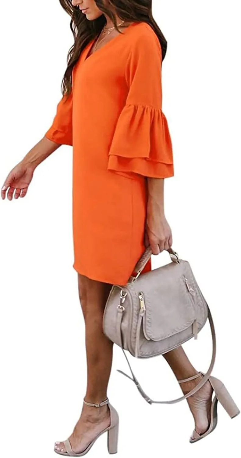 Summer Dresses for Women Sweet & Cute V-Neck Bell Sleeve Mini Shift Dress Casual Loose Flowy Sundress Comfy Work Dresses
