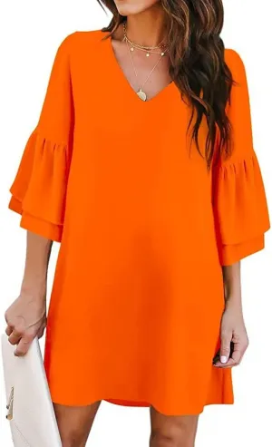 Summer Dresses for Women Sweet & Cute V-Neck Bell Sleeve Mini Shift Dress Casual Loose Flowy Sundress Comfy Work Dresses
