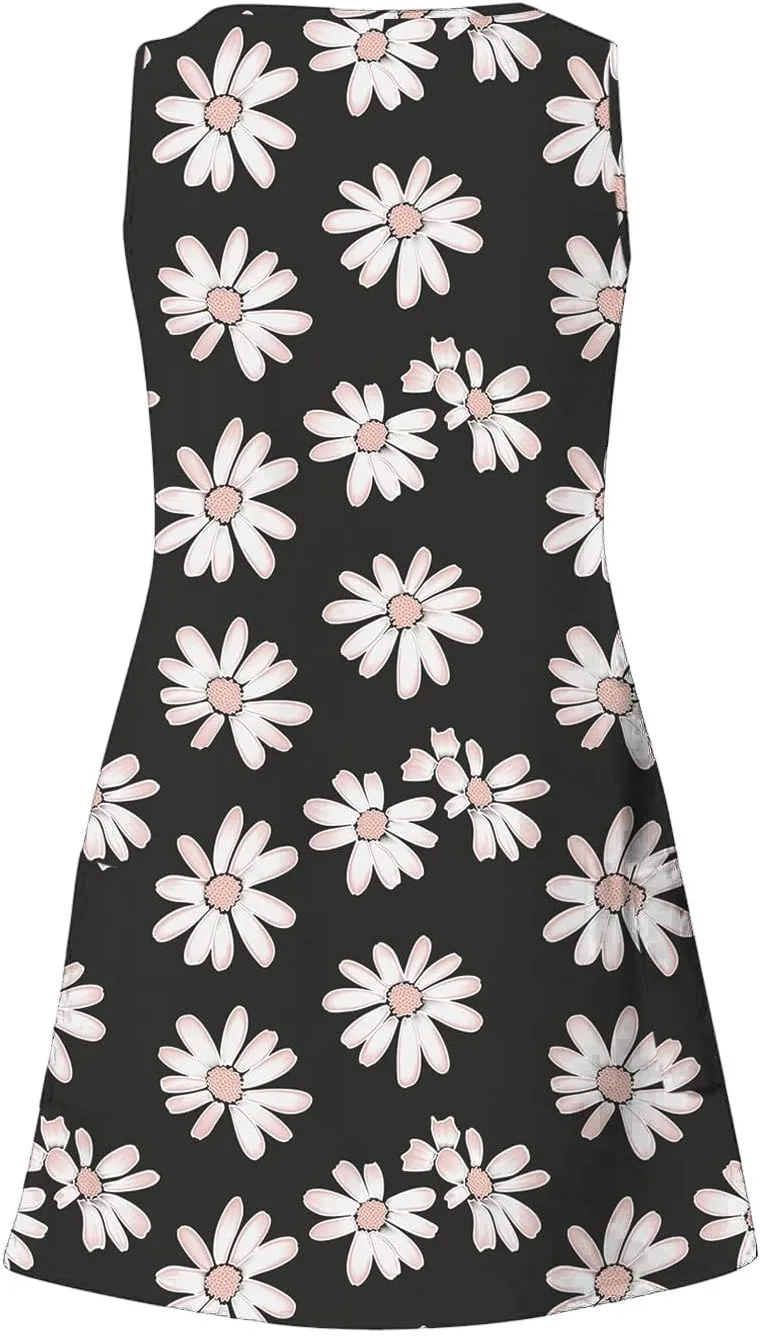Summer Dresses Womens Sleeveless Floral Print Beach Sundress Cute V Neck Mini Tank Dress Boho Short