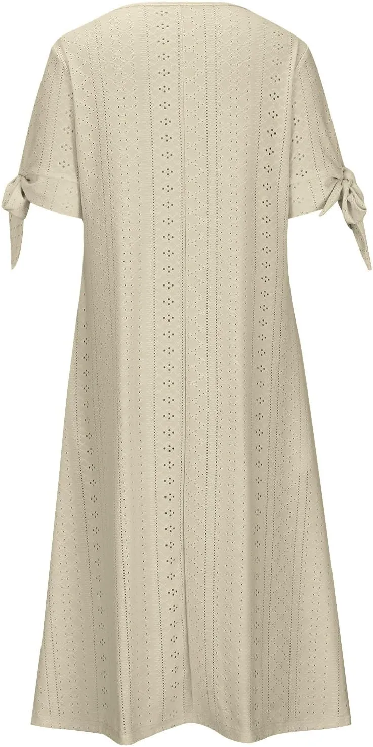 Summer Eyelet Dresses for Women 2024 with Pockets Short Sleeve Button V Neck Flowy A Line Casual Boho Midi Sun Dress