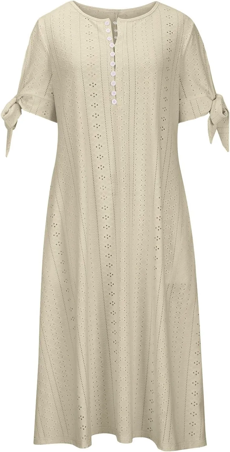 Summer Eyelet Dresses for Women 2024 with Pockets Short Sleeve Button V Neck Flowy A Line Casual Boho Midi Sun Dress